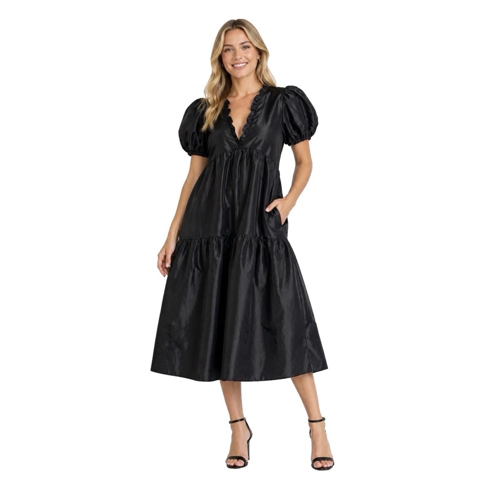 Kika Vargas XTarget Black Tiered Ruffle V-neck Puff Sleeve Dress Black XL NWoT
